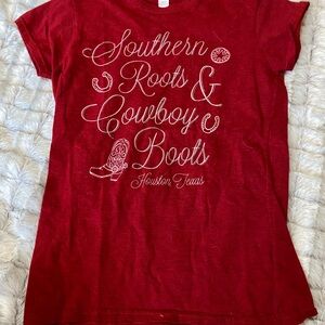 Red T-Shirt with Southern Roots & Cowboy Boots Design